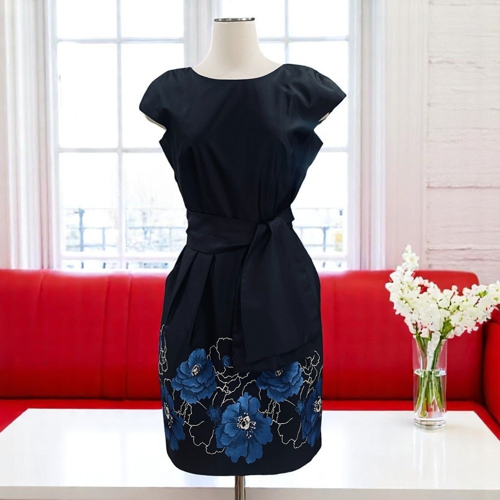 Alex Evenings‎ Floral Fit And Flare Cocktail Dress Black Blue Party Wedding